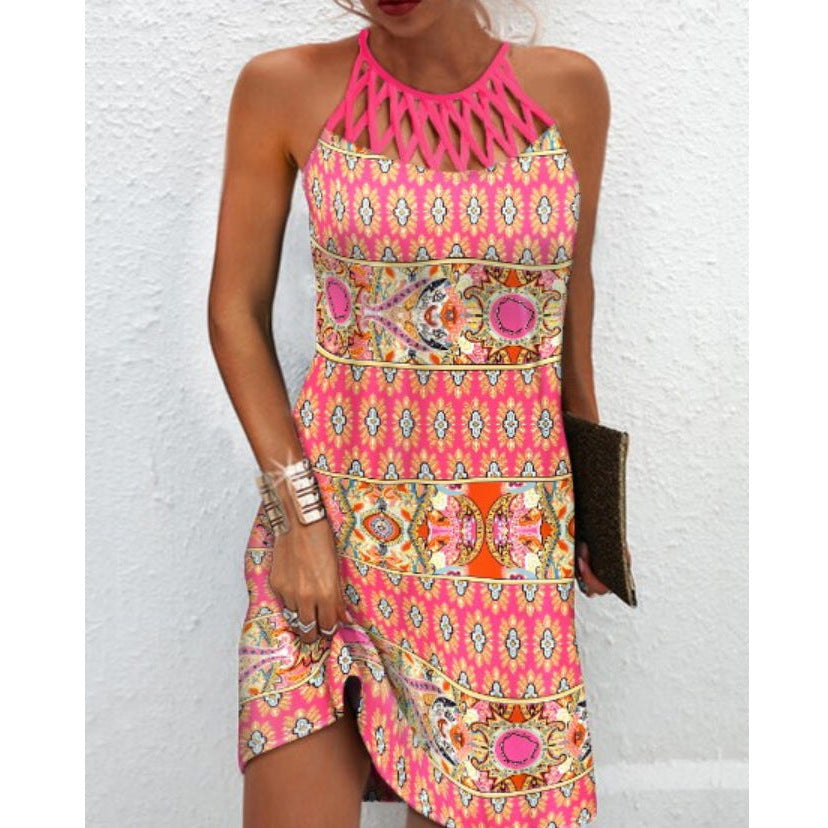 Fashion Print Dress Casual Halterneck