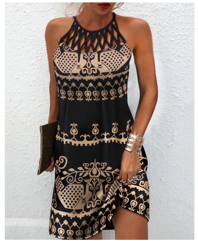 Fashion Print Dress Casual Halterneck