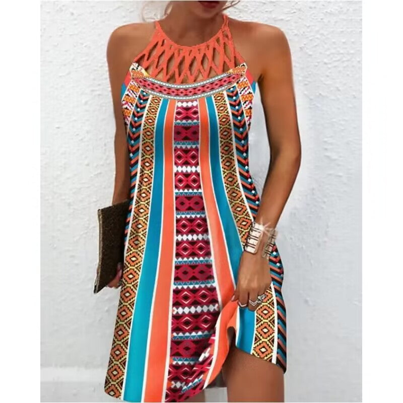 Fashion Print Dress Casual Halterneck